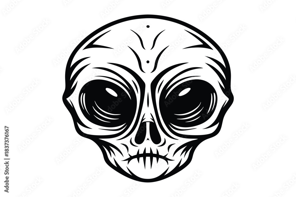 Fototapeta premium Stylized Monochrome Alien Skull with Large Eyes Minimalist Outlines, Symmetry Focus