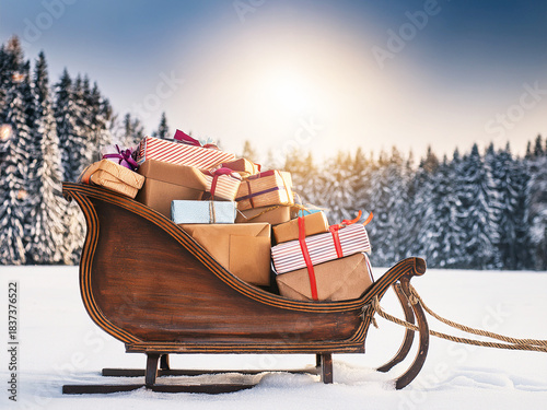 Ein Schlitten voller Geschenke mit einer Winterlandschaft im Hintergrund.