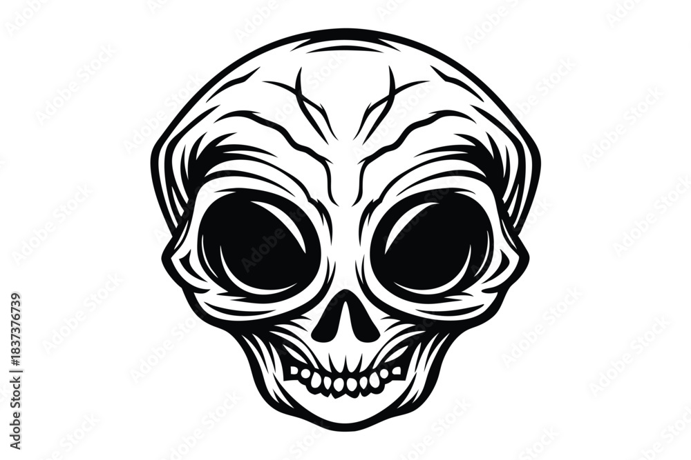 Fototapeta premium Creepy Alien Skull Outline, Dark Eyes, Black and White, Bold Line Art, Isolated