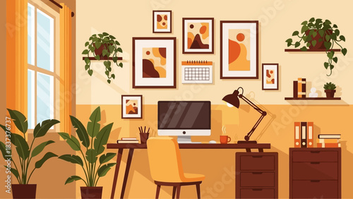 Cozy Home Office with Desk, Computer, Plants, and Wall Art for Productive Work