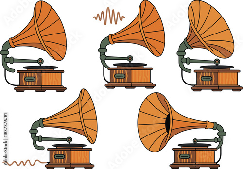 Vintage gramophone illustration set, retro phonograph icons with classic speakers, antique music player designs for nostalgia, audio, and decorative artwork