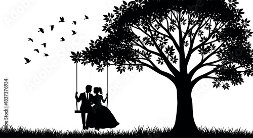 Romantic couple silhouette on swing under tree with birds flying in nature, peaceful love scene for vector art content