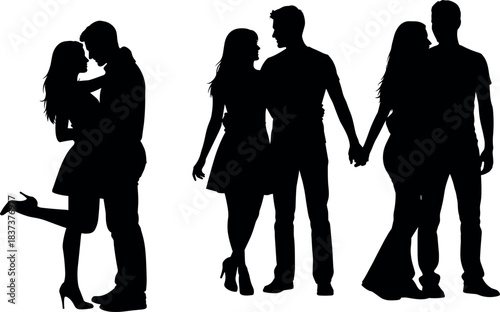 Romantic couple silhouettes in various poses showing love, intimacy, affection, relationship bonding, walking together, holding hands, embracing moments