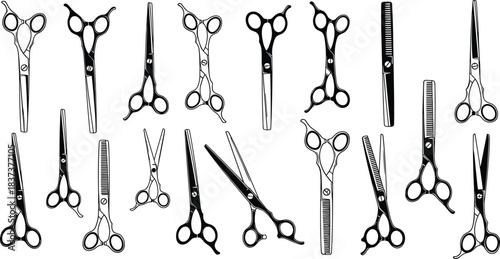 Black and White Set of Various Hairdressing and Barber Scissors, Including Thinning Shears and Combs, Representing Salon, Style, and Beauty Tools.