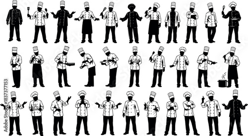 Set of 30 chef silhouettes in various cooking poses with utensils, hats, and kitchen tools for culinary vector design use.