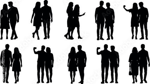 Silhouette couples in romantic poses walking, hugging, taking selfies, standing together, expressing love and affection in urban lifestyle scenes.