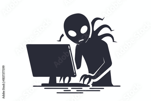 Silhouette of Alien Figure Interacting with Computer Keyboard and Monitor