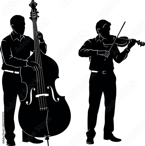 Silhouette of two musicians playing double bass and violin in black and white vector style for classical music performance theme