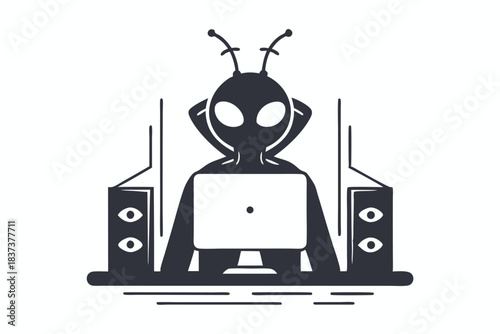 Cartoon Alien Silhouette at Computer Desk with Speakers and Eye Details on Dark Grey