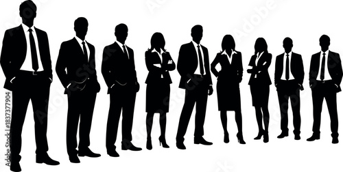 Silhouettes of diverse business professionals standing in a row, representing teamwork, leadership, corporate unity, and workplace diversity in modern office.