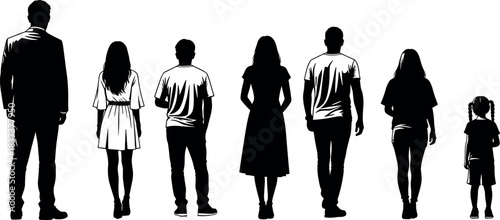 Silhouettes of diverse people standing in a row representing age progression, family unity, generational diversity, and human lifestyle concept.