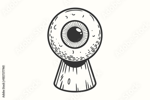 Spooky Eyeball on Wood Stand in Monochrome Doodle Style, Halloween Engraving Style