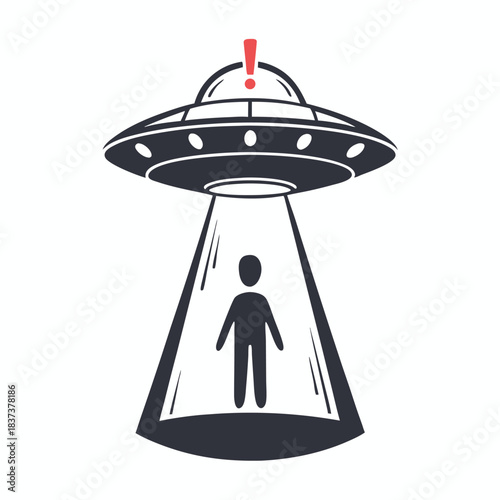 Dark UFO with Red Exclamation, Beam of Light, Isolated Human Silhouette in White Space