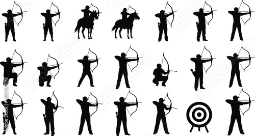 Black Silhouette Set of Archers Shooting Bows and Arrows, Including Target Practice, Kneeling, and Horseback Archery in Various Poses.