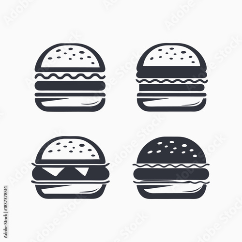 Set of Four Burgers Icons, Food Symbols, Fast Food Concept, Restaurant Menu, Black Shapes