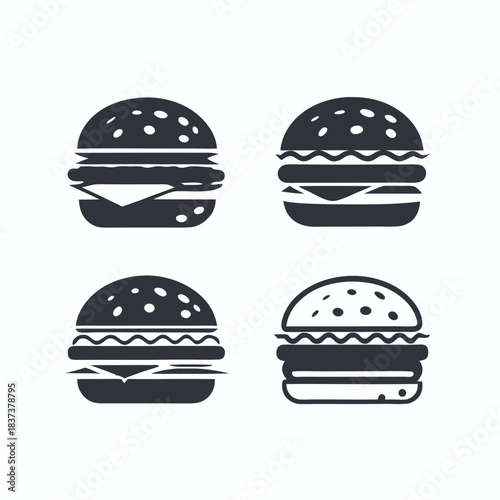 Burger Icon Set. Collection of Four Fast Food Sandwich Icons in Black and White Theme