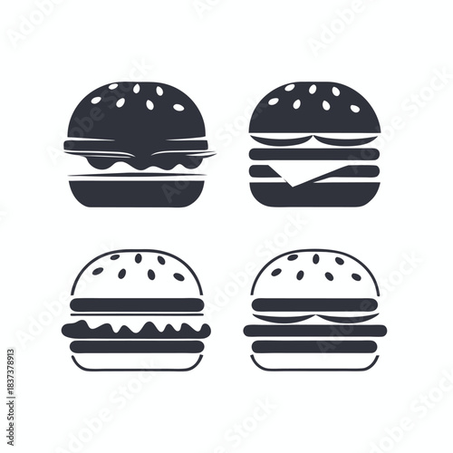 Burger Icons Set. Hamburger with Meat, Cheese, and Toppings. Food Silhouette Pack