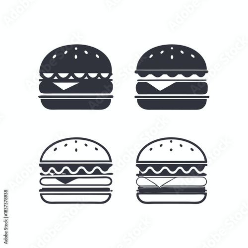 Four Stylized Burgers, Monochrome Icon Set, Fast Food Clipart, Burger Variety, Minimalistic
