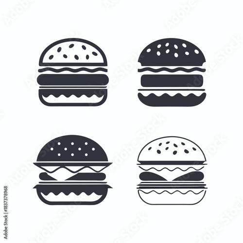 Four Burgers Icon, Isolated, Monochrome Fast Food, Bun with Sesame Seeds, Burger Stack