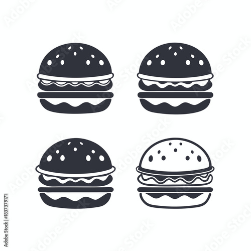 Monochrome Hamburgers Set, Burger Icons with Sesame Seeds, Isolated on a White Background