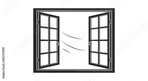 Open window with curtains blowing in the wind a dark silhouette