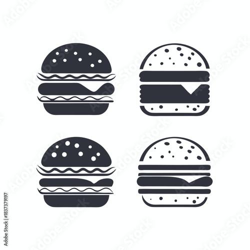 Four Burger Icons, Minimalist Style, Outline Design, Fast Food Symbol, Black and White Art