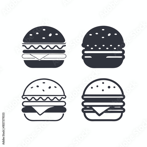 Four Burger Icons Set, Black and White Food Symbols, Fast Food, Meal, Restaurant