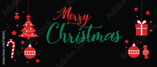 Festive Merry Christmas card design featuring a golden stylized tree, hanging ornaments, and snowflakes on a rich red background.