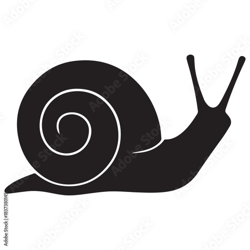 Black silhouette of a snail in side profile with spiral shell and extended antennae.