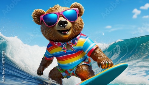 A fashionable bear in sunglasses and colourful shorts surfing a wave in a cute, happy, trendy, detailed and colourful style photos.