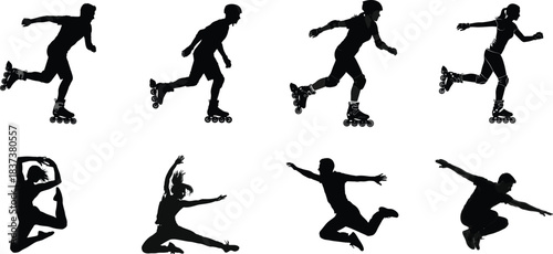 Silhouettes of inline skaters in dynamic movement and various poses