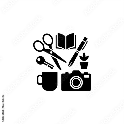 bundle of 7 random object silhouettes  scissors, book, pen, camera, solid black fill, white background