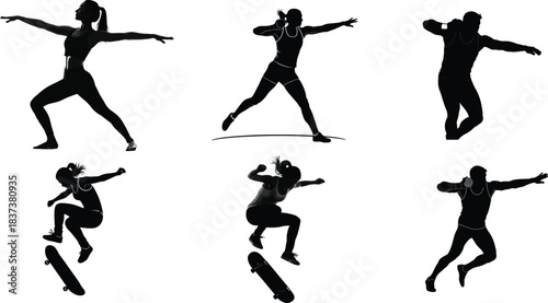 Dynamic silhouettes of people jumping and dancing in various poses
