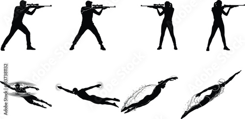 Silhouettes of people shooting and diving in dynamic action poses