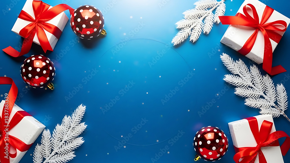 Obraz premium Christmas gift boxes and red ornament decoration on blue background