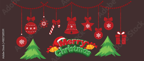 Christmas golden decoration on red background. Holiday vector frame, border.