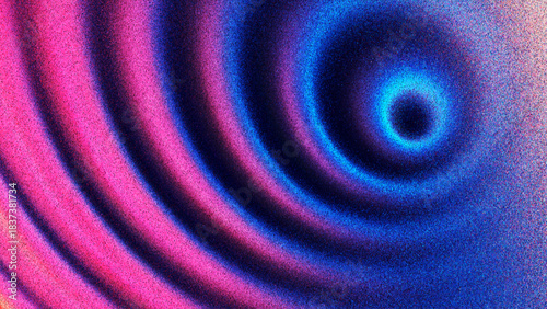 Vibrant concentric grainy gradient waves in intense glowing blue pink tones created from thousands of individual dots. Bold futuristic rippling rings forming surreal abstract waves for modern visual