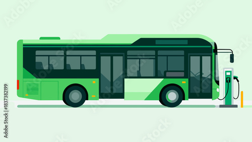 Green electric bus charging at station on light background  
