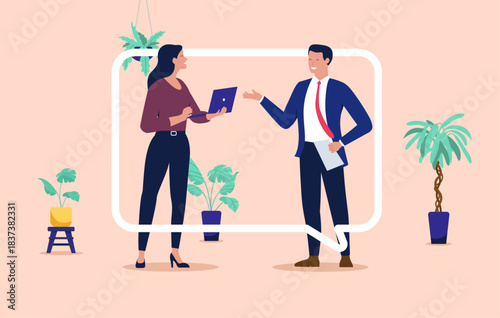 Professional businessman and businesswoman communicating in an office setting enclosed in a speech bubble, flat design vector illustration for business communication and workplace discussion concept