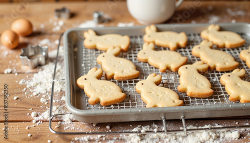 Freshly baked Easter bunny cookies on a cooling rack. Homemade holiday sugar cookie preparation on a rustic wooden table