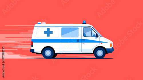 Ambulance vehicle speeding on red background, concept of emergency transport  