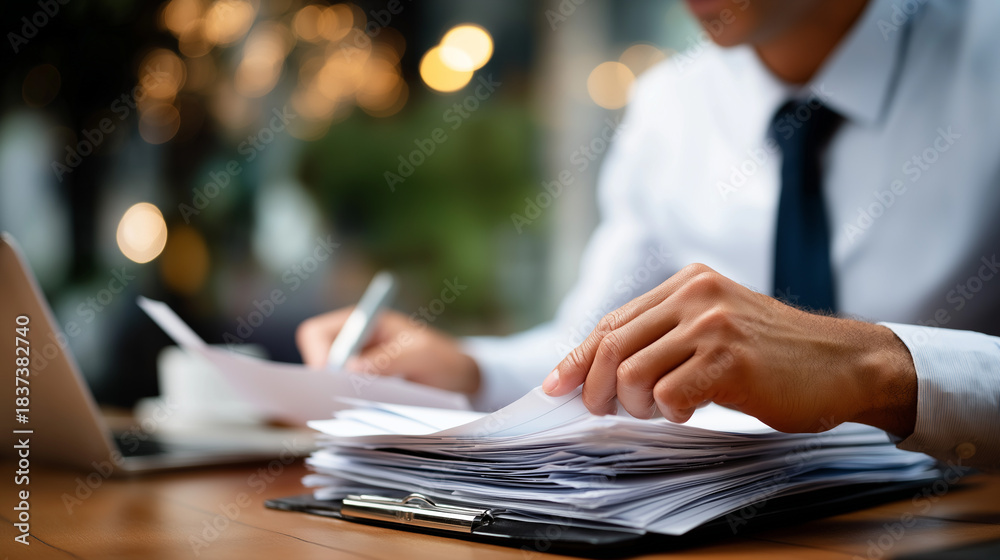 Obraz premium Faceless compliance officer hands reviewing regulatory documents legal administration work policy verification process corporate governance paperwork audit preparation document