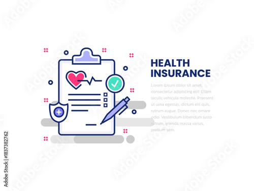 health insurance and medical protection vector with shield, heart, paper medical checklist clipboard icon in flat