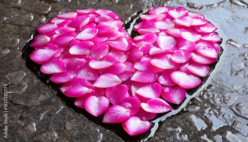 Pink petal heart sitting on a leaf-strewn wet shiny paving stone, photography, romance, beautiful flower, cutest, flower petals, looks cute, dried petals, close-up, stone-heart,