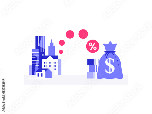 property investment interest vector concept with housing, building, real estate, and bag of money in flat style