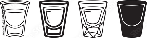 Shot Glass Icon Set – Minimal Outline, Filled, Faceted Crystal, and Solid Silhouette Designs for Bar Menus, Cocktail Graphics, Alcohol Branding, Party Elements, and Vector Illustrations