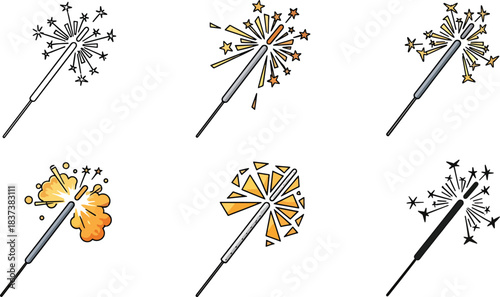 Sparkler Icon Set – Festive Firework Wand Designs with Outline, Colored, Starburst, and Explosive Variations for Celebrations, Parties, Holidays, and Vector Illustrations