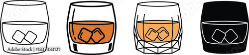 Whiskey Glass Icon Set – Outline, Filled, Faceted Crystal, and Solid Silhouette Liquor Glasses with Ice Cubes for Bar Menus, Cocktail Graphics, Alcohol Labels, and Vector Illustrations