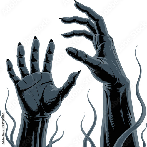 Dark, clawed hands rise dramatically from swirling shadows, creating an eerie, supernatural horror illustration.