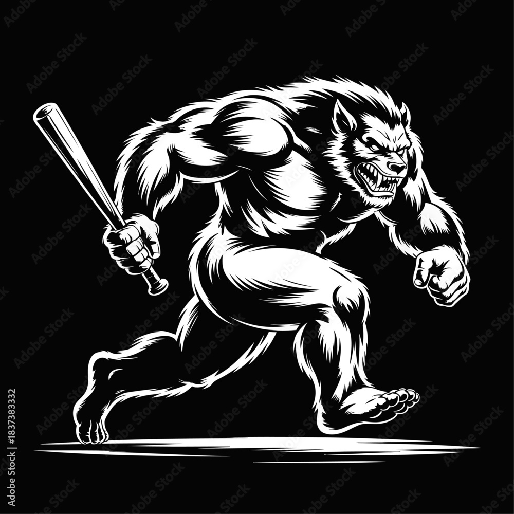 Fototapeta premium Ferocious werewolf charges forward gripping a club, muscles defined in bold monochrome comic-style artwork.